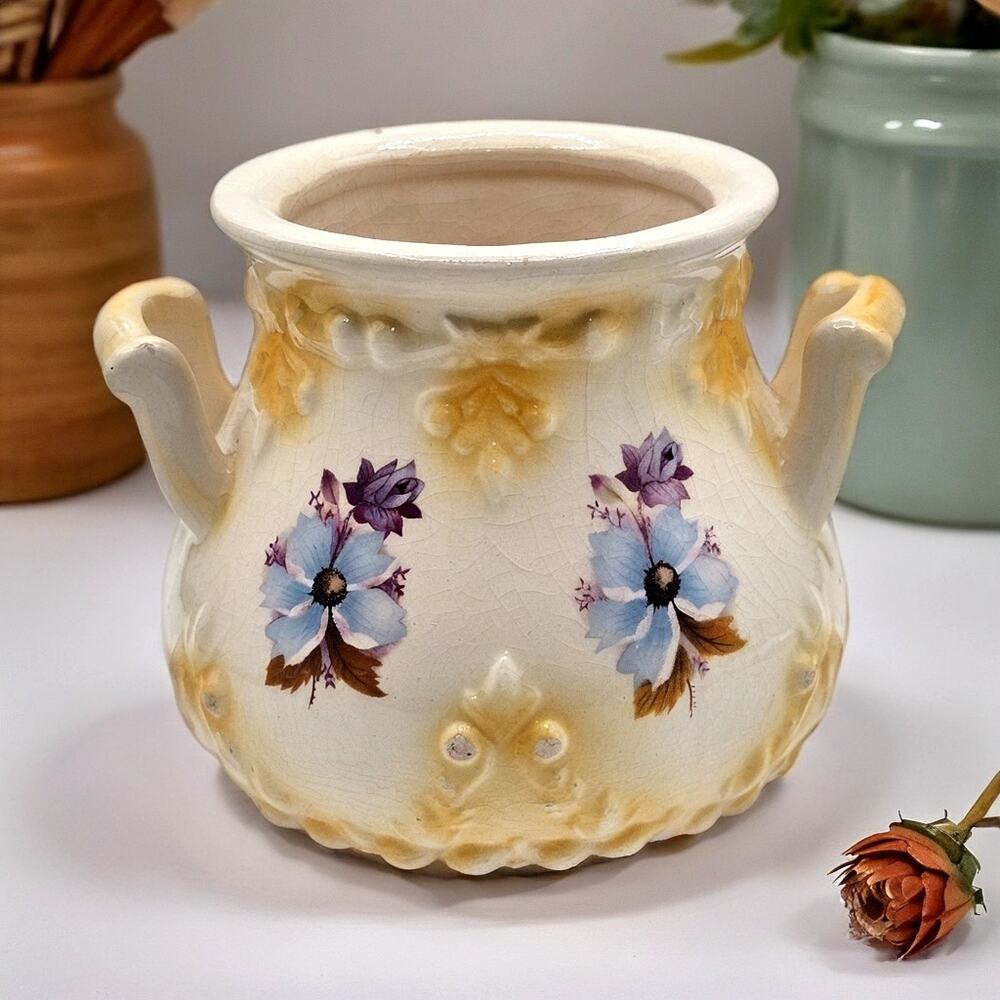 Victorian Floral Ceramic Biscuit Jar Antique Raised Design No Lid